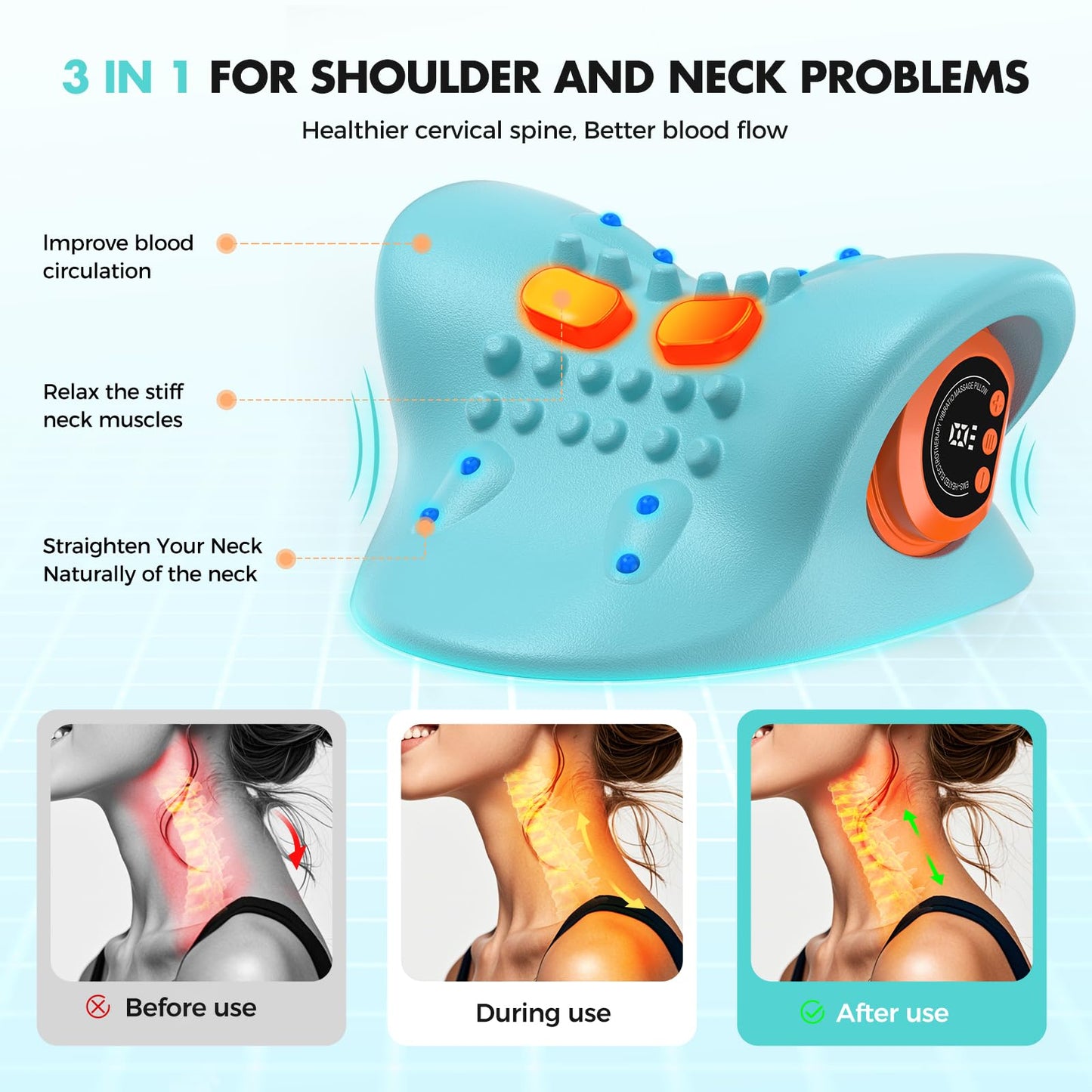 Smedz 2025 Rechargeable Portable Neck Massager Pillow3-in-1 Shiatsu Neck & Back Massager with Remote Control - Heat/Vibration/Deep Tissue Modes, Portable for Car/Office/Home, USB-C Rechargeable