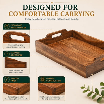 WEBHUSHI Acacia Wood Serving Tray - 16 Inch Brown Wooden Tray with Natural PU Coating for Kitchen and Dining