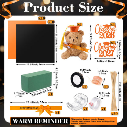 Seenelling 80 Pcs Graduation Money Flower Bouquet Wrapping Accessories Kit, 20 Flower Wrapping Paper 50 Sticks 2 Card Inserts 1 Bear 3 Ribbons DIY Crafts Gifts for Graduation Birthday(Orange)