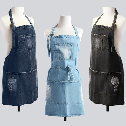 Jowcud Denim Apron With 5 Pockets for Cooking Kitchens,Hairstylist Aprons for Women Men,Adjustable Bib Jean Apron for Arts Gardening Cafes Bars Work