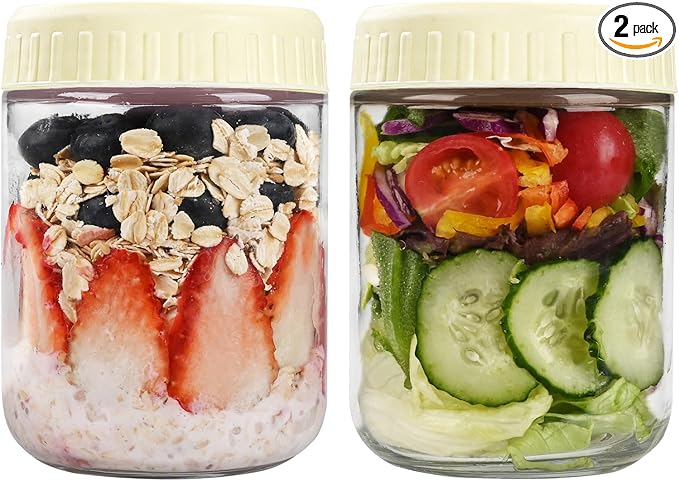 SHOWIN Overnight Oats Containers with Lids, 16oz Glass Jars with Lids 2 pcs, Milk White, Wide Mouth Mason jars for Salad, Yogurt, Snacks, Meal Prep