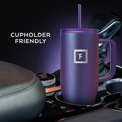 IRON °FLASK Co-Pilot Insulated Mug w/Straw & Flip Cap Lids - Cup Holder Bottle for Hot, Cold Drink - Leak-Proof - Water, Coffee Portable Travel Mug - Sand, 40 Oz