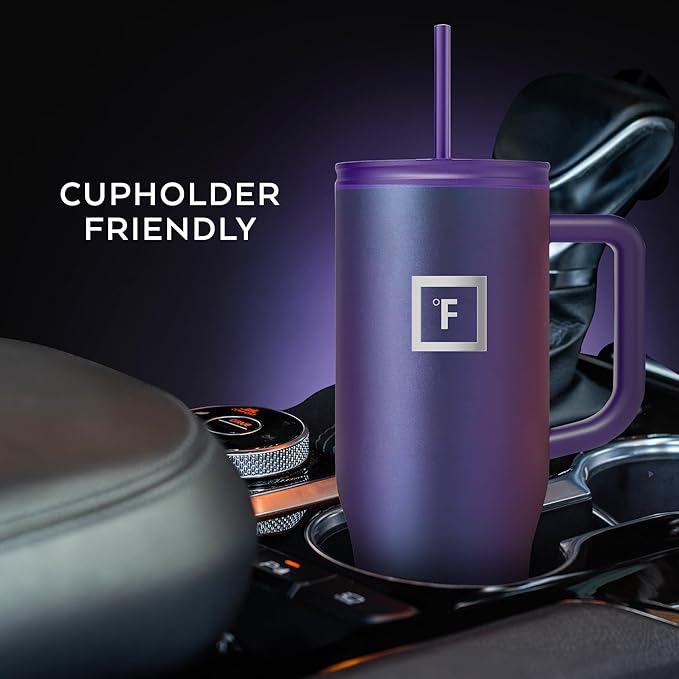 IRON °FLASK Co-Pilot Insulated Mug w/Straw & Flip Cap Lids - Cup Holder Bottle for Hot, Cold Drink - Leak-Proof - Water, Coffee Portable Travel Mug - Burgundy, 40 Oz