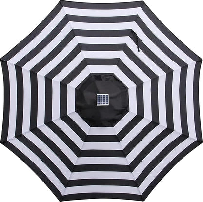 Blissun 9 ft Solar Umbrella 32 LED Lighted Patio Umbrella Table Market Umbrella with Tilt and Crank Outdoor Umbrella for Garden, Deck, Backyard, Pool and Beach (Black and White)