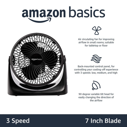 Amazon Basics Air Circulator Desk Fan for Bedroom, Home and Office, 90-Degree Tilt Head, 3 Speed Settings, Cooling, 35 Watts, Black, 11.1"W x 6.3"D x 10.9"H