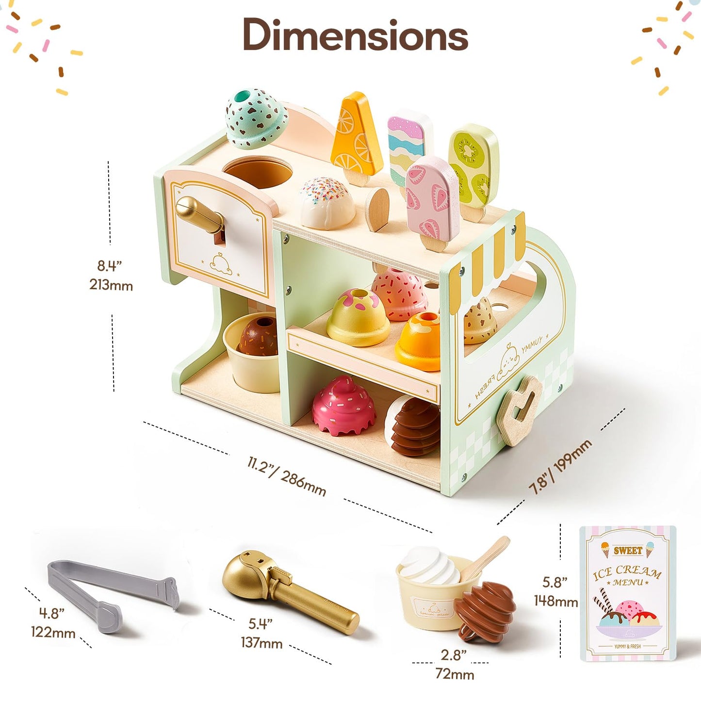 Giant bean Wooden Ice Cream Play Set, with Drop-Down Dispenser, Play Kitchen Accessories with Cones, Popsicles, Scoops, Play Money & Menu, Ice Cream Toy for Kids Ages 3+, Birthday