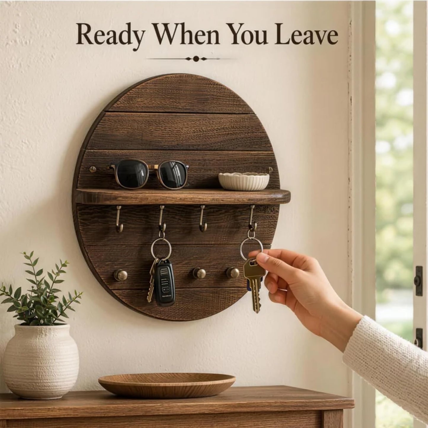 Cxomnndiw Round Wall Mount Key Holder with Shelf, Wooden Entryway Organizer, Key Rack for Keys Sunglasses Coat