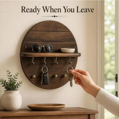 Cxomnndiw Round Wall Mount Key Holder with Shelf, Wooden Entryway Organizer, Key Rack for Keys Sunglasses Coat