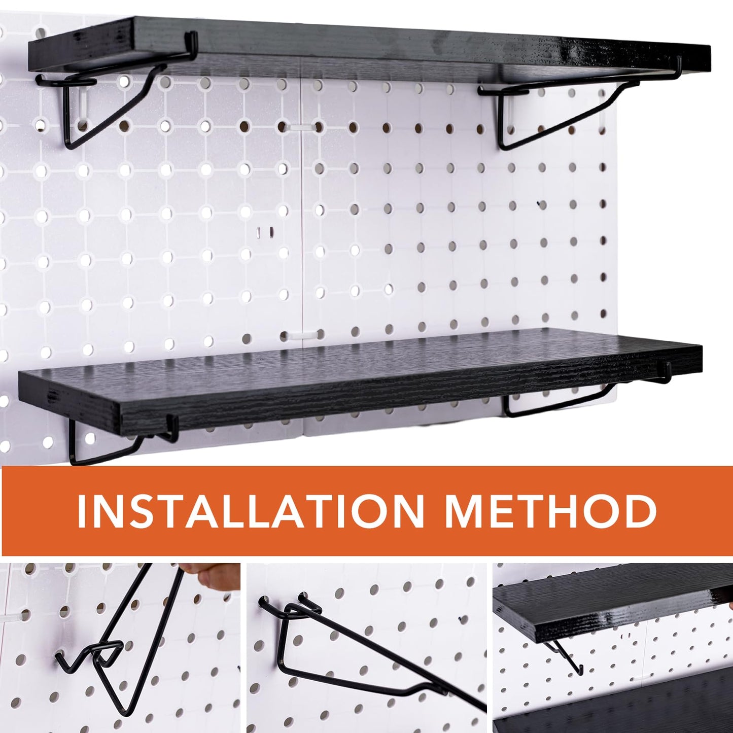 Black Pegboard Shelf, 8 Pack Wooden Pegboard Shelves with Metal Brackets Hooks, Heavy Duty Peg Board Organizer Shelves, Pegboard Accessories Organizer for Crafts Room, Garage, Workbench, Office