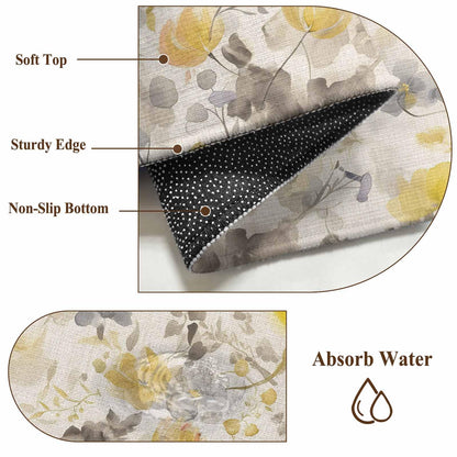 Yellow Gray Floral Runner Rug 2x6 Washable Kitchen Rug Non-Slip Lightweight Thin Soft Bathroom Runner Botanical Watercolor Plants Flowers Texture Beige Carpet for Hallway Laundry Room Bedroom Entryway