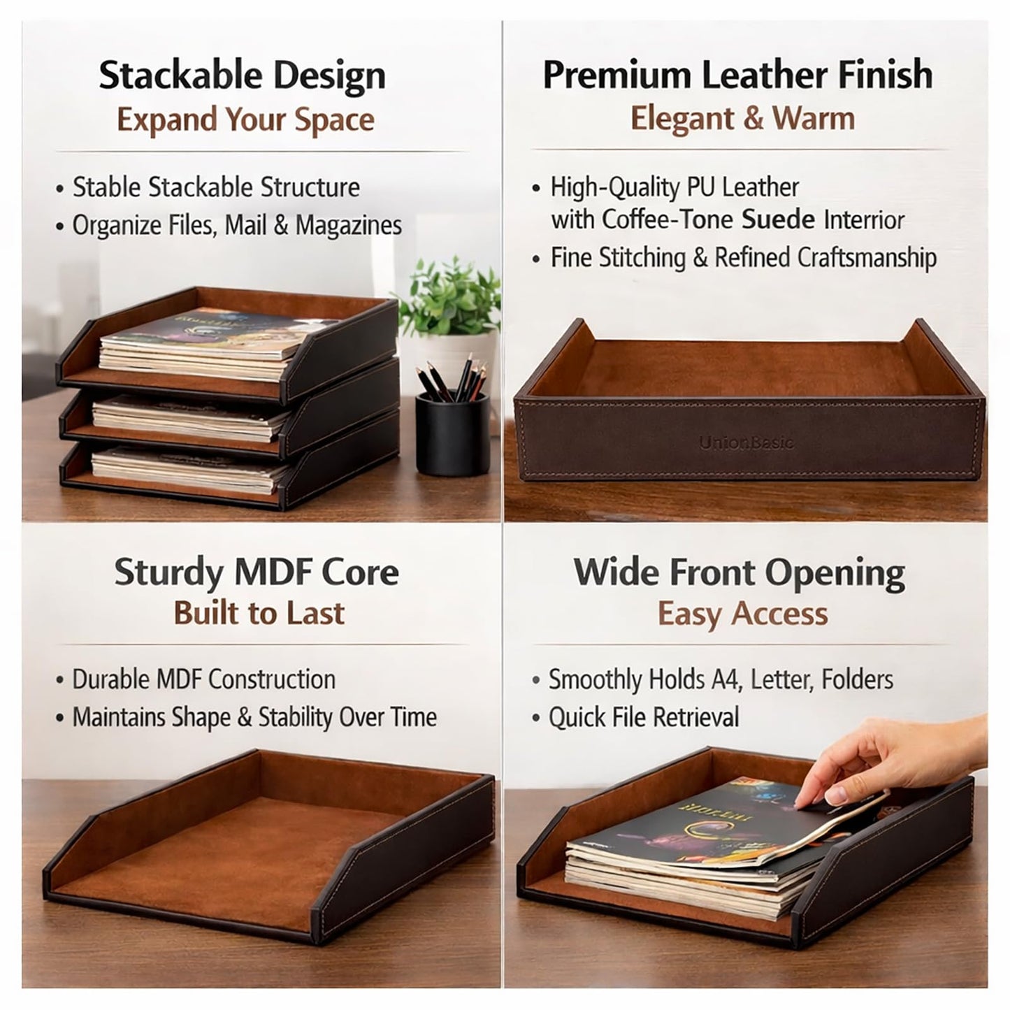 UnionBasic Stackable Document Paper Letter Tray, Faux Leather Desktop File Sorter Organizer Tray, Brown