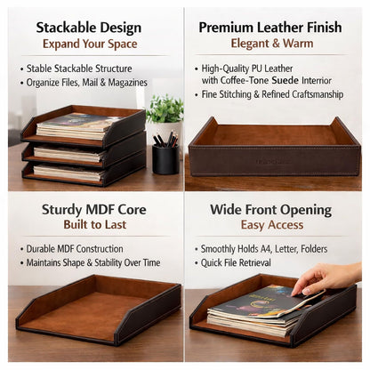 UnionBasic Stackable Document Paper Letter Tray, Faux Leather Desktop File Sorter Organizer Tray, Brown