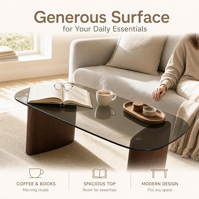 Modern Glass Coffee Table, Coffee Table for Living Room,Tempered Glass-top with Sturdy Wooden Base, Modern Coffee Tables for Small Space, Apartment, Office, Minimalist Design (Walnut)