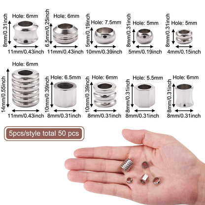 Fashewelry 50pcs Column Rondelle European Beads Large Hole Stainless Steel Loose Beads Assorted Tube Drum Spacer Finding Beads for Macrame Braided Necklace Choker Bracelet Earring Making