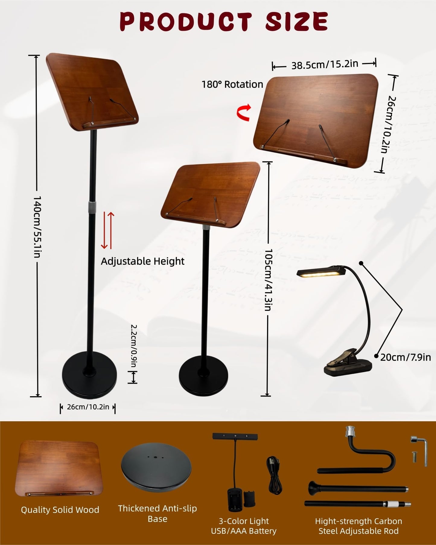blinvcra 2 in 1 Multiplel-Use Music Stand with Light, Book Holder for Reading, Height Adjustable 18''-55'' Bible Shtender, Portable Podium Stand, Wood Table Stand for Laptop, Classroom, Church, Speech