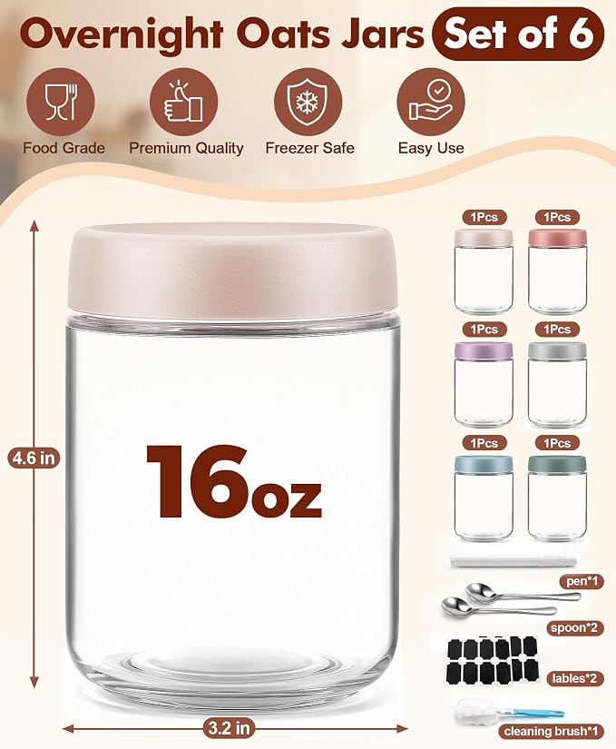 6 pack 16 oz Overnight Oats Containers with Lids and Spoons Glass Jars with Airtight Lids: Wide Mouth Mason Salad Jars, Leakproof and Reusable Glass Food Storage Container for Yogurt Snacks Spice