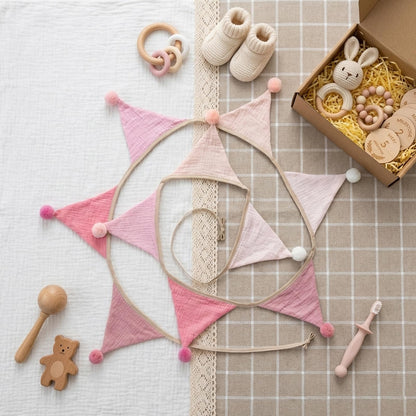 Fabric Bunting Banner, 2 Pack Handmade Neutral String Banner with Felt Ball Each 8.5 ft 10 Flags Nursery Wall Hanging Wedding Birthday Home Baby Shower Party Decoration Bunting (Pink 2 Pack)