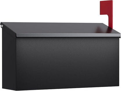 Wall-Mount Mailbox for Outside, Large Capacity Rust-Proof Mail Box with Stay-Open Lid & Red Flag Kit, Galvanized Steel Weather-Resistant Post Box for House Outside, 13"x4.1"x6.9", Black