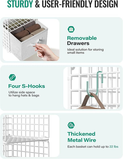 Hanging Closet Organizer with Drawers, 4 Tier Metal Closet Organizers and Storage with 4 Hanging Hooks 4 S-Hooks for Wardrobe Laundry Room, Wire Storage Shelf for Clothes Sweaters Pants (White)