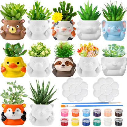 Chuangdi 12 Sets Ceramics to Paint 6 Style DIY Ceramic Succulent Planter Pots Unpainted Bisque Flower Pots Paintable Craft with Drainage Hole, Paints, Brushes, Palettes(Lovely Style)
