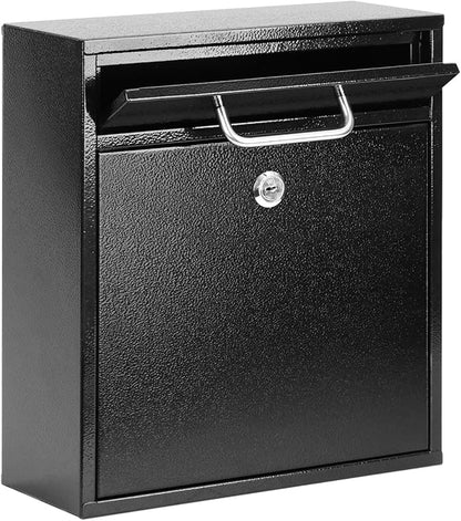 KYODOLED Steel Key Lock Mail Boxes for Outside, Locking Wall Mount Mailbox, Security Key Drop Box for Home, Office or Commercial, 12H x 10.5L x 4.6W Inches, Black Large