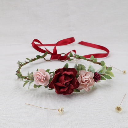 PoshMyra Flower Crown for Girls Floral Headpieces Kids Headband Wedding Halo Hair Pieces Children Hair Wreath Photo Prop (Burgundy-Child Size)