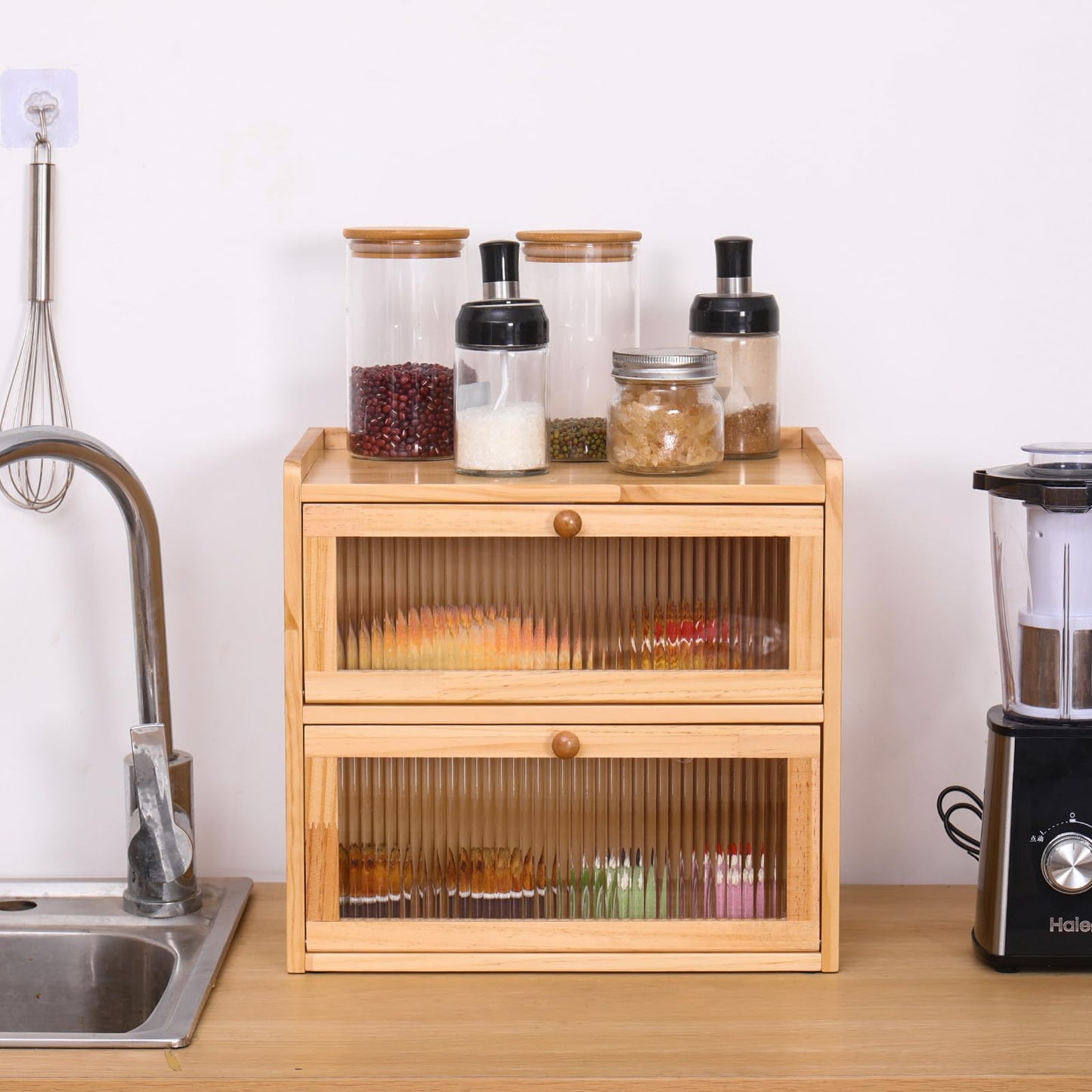 FDHUIJIA Double Layer Large Bread Box for Kitchen Counter, Wooden Bread Storage Container with Acrylic Window, (natural)