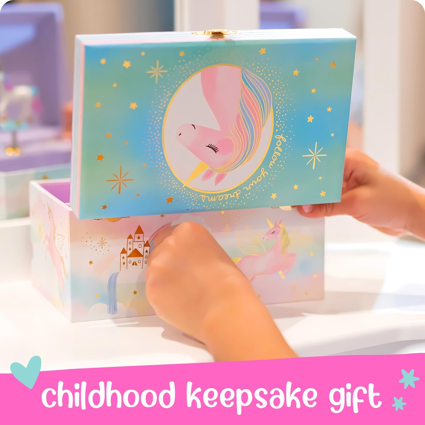 Giggle & Honey Musical Jewelry Box for Girls - Kids Jewelry Box, Unicorn Toys for Girls 4-6, Unicorn Gifts, 6 x 4.7 x 3.5 in
