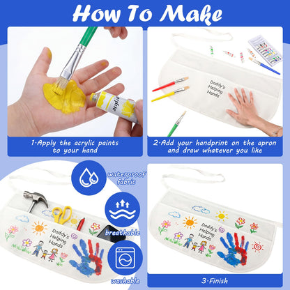 Cotwinter 10 Set Father's Day Handprint Kit DIY Waist Half Apron with Acrylic Paints and Brushes Fathers Day Personalized Handprint Gifts Family Sign Keepsake for Grandpa Daddy Papa Birthday Gifts
