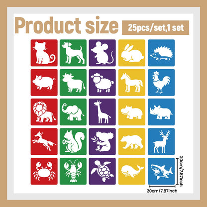 CUTHOLLOW 25 PCS Animal Painting Shape Stencils Sets - 8 Inch Reusable&Washable Drawing Template, Different Animals Primary Themed Sidewalk Chalk Art Stencils Kit for Craft Room Wall Paper