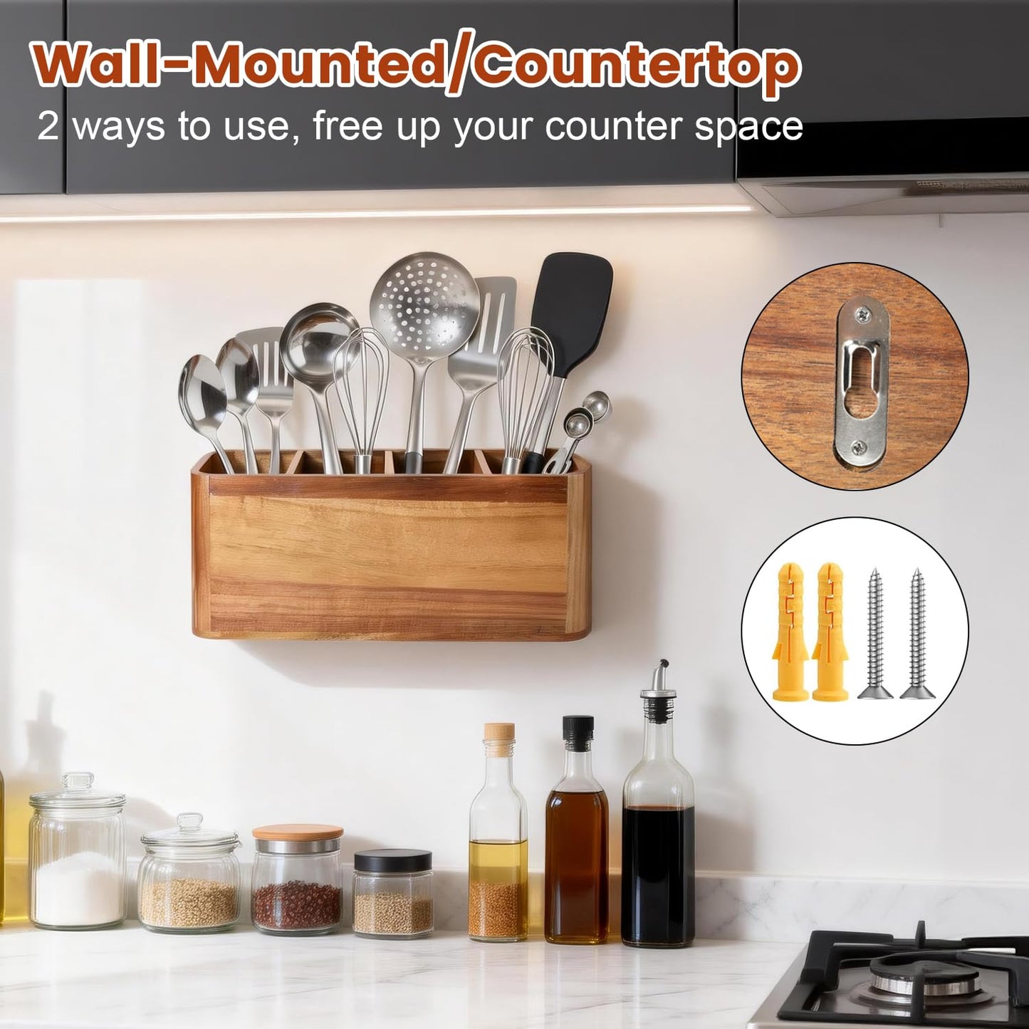 Gallkeat Kitchen Utensil Holder for Counter or Countertop, Large Wooden Utensil Holder with 4 Compartments, Acacia Wood Organizer for Cooking Utensils and Silverware, Ideal Gift for Kitchen Decor