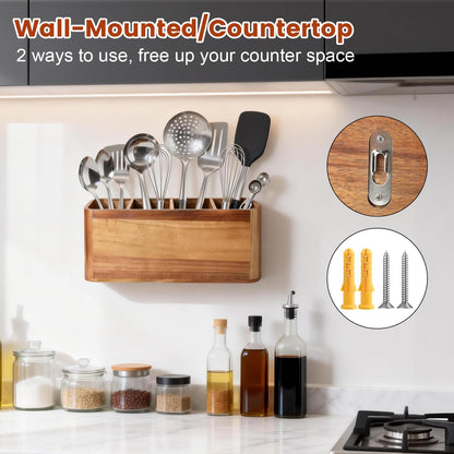 Gallkeat Kitchen Utensil Holder for Counter or Countertop, Large Wooden Utensil Holder with 4 Compartments, Acacia Wood Organizer for Cooking Utensils and Silverware, Ideal Gift for Kitchen Decor