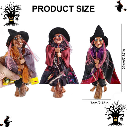 Gawertoy Halloween Witch Ornaments 3 PCS, 8" Flying Witch Figures on Broomsticks, Haunted House Hanging Props