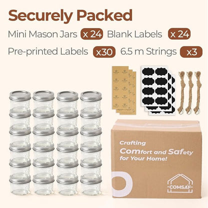 ComSaf Small Regular Mouth Mason Jars Bulk 4oz 24PCS Mini Mason Containers, Small Canning Jars, 4 oz Glass Jar with Lids for Mustards, Dipping Sauces, Jelly, DIY Candle Decor, Wedding Shower Favors