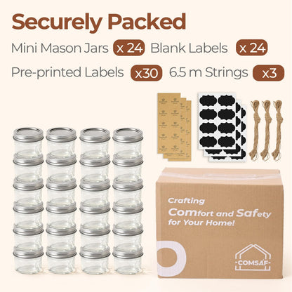 ComSaf Small Regular Mouth Mason Jars Bulk 4oz 24PCS Mini Mason Containers, Small Canning Jars, 4 oz Glass Jar with Lids for Mustards, Dipping Sauces, Jelly, DIY Candle Decor, Wedding Shower Favors