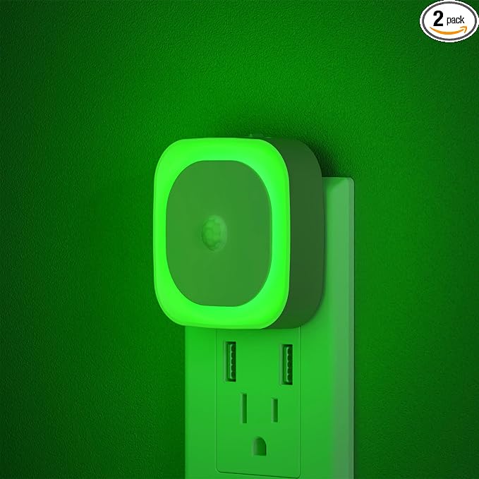 YUNLEX 2 Pack Plug in Night Light with Motion Sensor & Dusk to Dawn Sensor, 3 Sensor Modes, Auto ON/Off, Dimmable Reflected Light, Calming Green LED for Home Office, Hallway, Bathroom