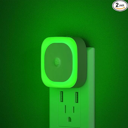 YUNLEX 2 Pack Plug in Night Light with Motion Sensor & Dusk to Dawn Sensor, 3 Sensor Modes, Auto ON/Off, Dimmable Reflected Light, Calming Green LED for Home Office, Hallway, Bathroom