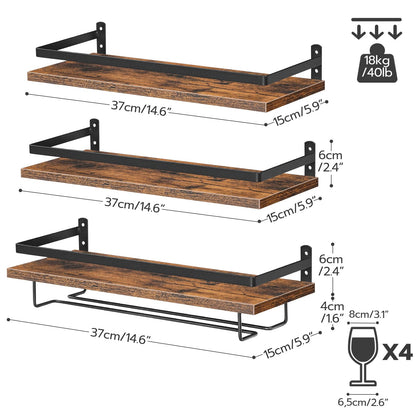 HOOBRO Wall Mounted Wine Rack 3 Pack, Wine Rack with Glass Bottle Holder, Hanging Wine Shelves with Stemware Hanger, Wine Display Storage Rack for Home Bar, Kitchen, Dining Room, Rustic Brown BF34BJ01