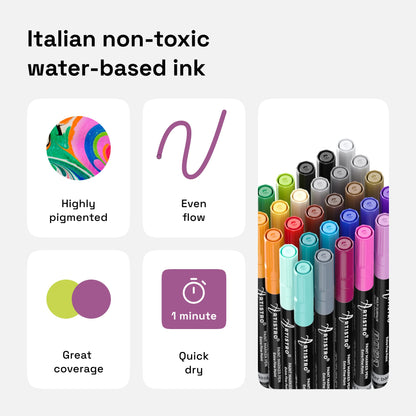 ARTISTRO Acrylic Paint Pens With Storage Bag for Calligraphy - Markers With Brush and Fine Precision Tips - Multisurface Painting for Fabric, Rock, Glass, and More (30 Markers, Extra Fine Tip)