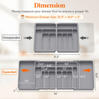 Lifewit Large Silverware Drawer Organizer, Expandable From 21 to 36 Inches, BPA Free Plastic Utensil Tray for Kitchen, Adjustable Flatware and Cutlery Holder for Spoons Forks Knives, Black