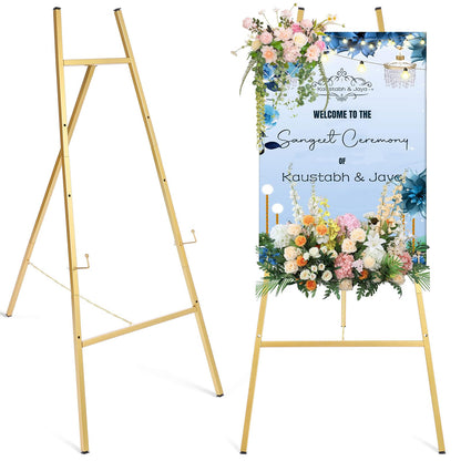 Meyeyaia 43'' Gold Easel Stand for Sign, Metal Heavy Duty Easel Display Stand, 4-Tier Adjustable Art Easels for Wedding Sign, Painting, Floor Décor, Posters, Pictures, Posters, Commercial Display