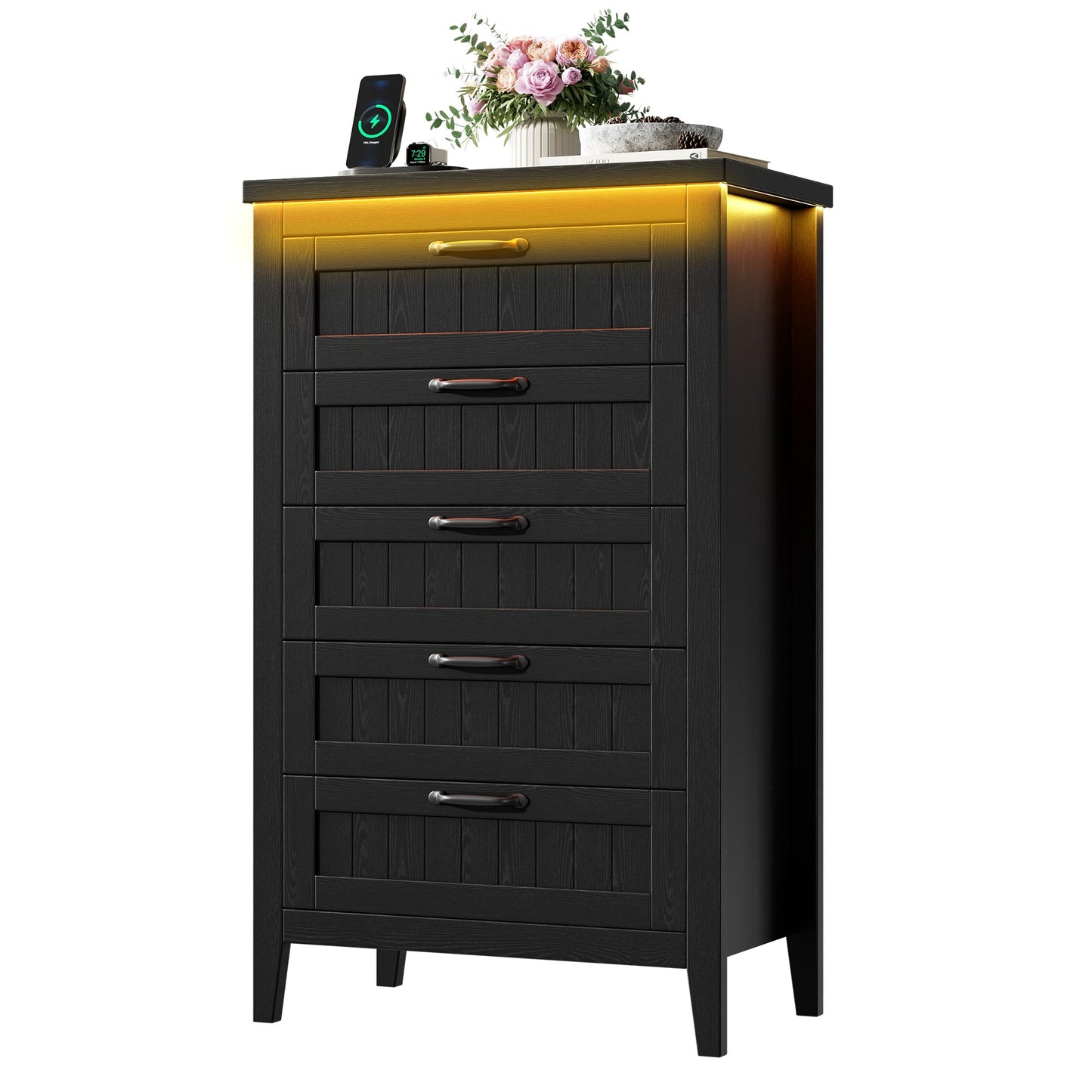 GarveeHome Farmhouse Tall 5 Drawer Dresser with Charging Station & LED Lights, Slim Wooden Bedroom Dresser, Rustic Chest of Drawers Clothes Storage Organizer for Closet Dorm Apartments, Black