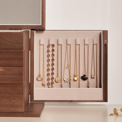 Homruilink Black Walnut Wooden Jewelry Box, Wood Jewelry Organizer with 2 Side Doors Mirror Lockable Classical Style for Watch Necklace Ring Earring Storage, Fathers Day Gift-4 Layer