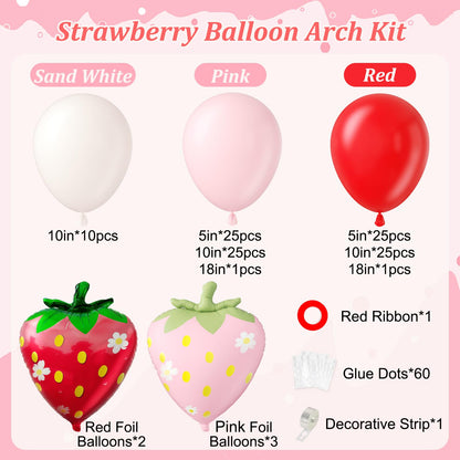 120pcs Strawberry Balloon Arch Kit with Red Pink Sand White Foil Strawberry Balloons for Baby Shower Birthday Party Decorations