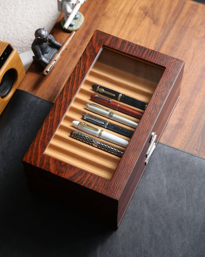 Besforu Wood Pen Display case 36 Slot Fountain Pen Box Storage Organizer with Drawer, Top Glass Window Pen Collection Display Case