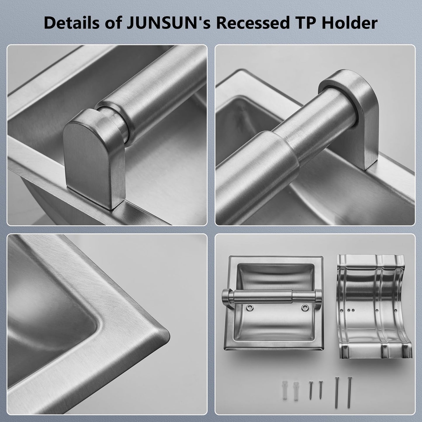 JunSun Recessed Toilet Paper Holder Brushed Nickel Stainless Steel Toilet Paper Roll Holder Tissue Holder Modern Tissue Roll Holder 6" X 6" Square Jumbo Mega Roll Holder Rear Mounting Bracket Included