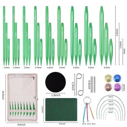 WAZAIGUR Knitting Needles Set, Three Lengths Interchangeable Circular Knitting Needles Set - Sizes 3.0mm, 3.25mm, 3.5mm, 3.75mm, 4.0mm, 4.5mm, 5.0mm, 5.5mm, 6.0mm, 5 Cables, 9 Pairs, Green