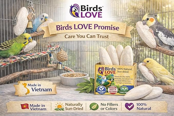 Birds LOVE 3.5-4″ Cuttlebone for Birds – 100% Natural Sun-Dried Calcium & Beak Conditioning Supplement for Parakeets, Budgies, Cockatiels, Finches & Canaries – 2 Pack with Holder – Made in Vietnam