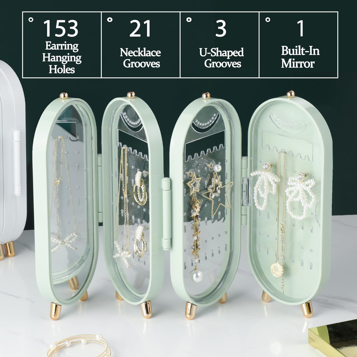 Lejesth Foldable Earring Holder Jewelry Organizer Box with Mirror, 4-Layer Dustproof Earring Necklace Display Stand Jewelry Box with 153 Holes for Women and Girls, Gifts for Girl (Light Green)