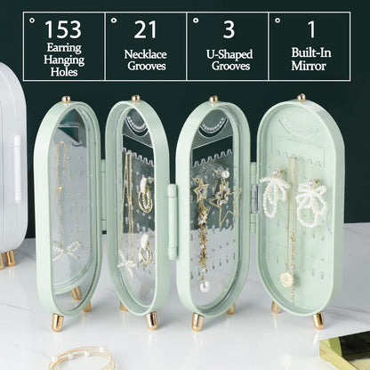 Lejesth Foldable Earring Holder Jewelry Organizer Box with Mirror, 4-Layer Dustproof Earring Necklace Display Stand Jewelry Box with 153 Holes for Women and Girls, Gifts for Girl (Light Green)